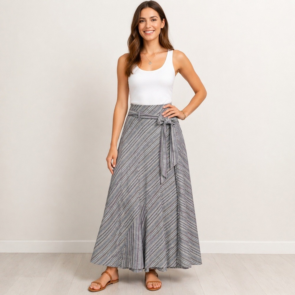 JH COLLECTIBLES Striped Linen Blend Tie Waist A-Line Maxi Skirt Grey Blue Sz 10